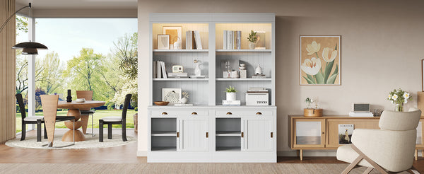 English Elm 83.4"Tall White Bookshelf Suite With Led Lighting, Sliding Doors & Drawers For Stylish Storage Solutions N751S059620K