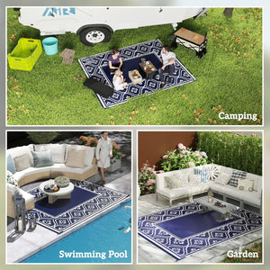 English Elm Patio Reversible Polypropylene Flatweave Rug Foldable Geometric Black White Outdoor Mat T3971P421332