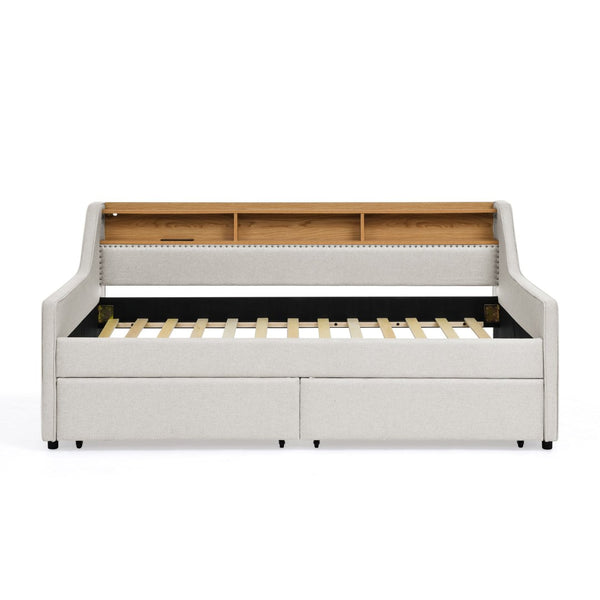 English Elm Twin Size Upholstered Sofa Bed With Led Lighting, Wireless Charging & Storage Drawers In Beige W1413S00056-GIGA