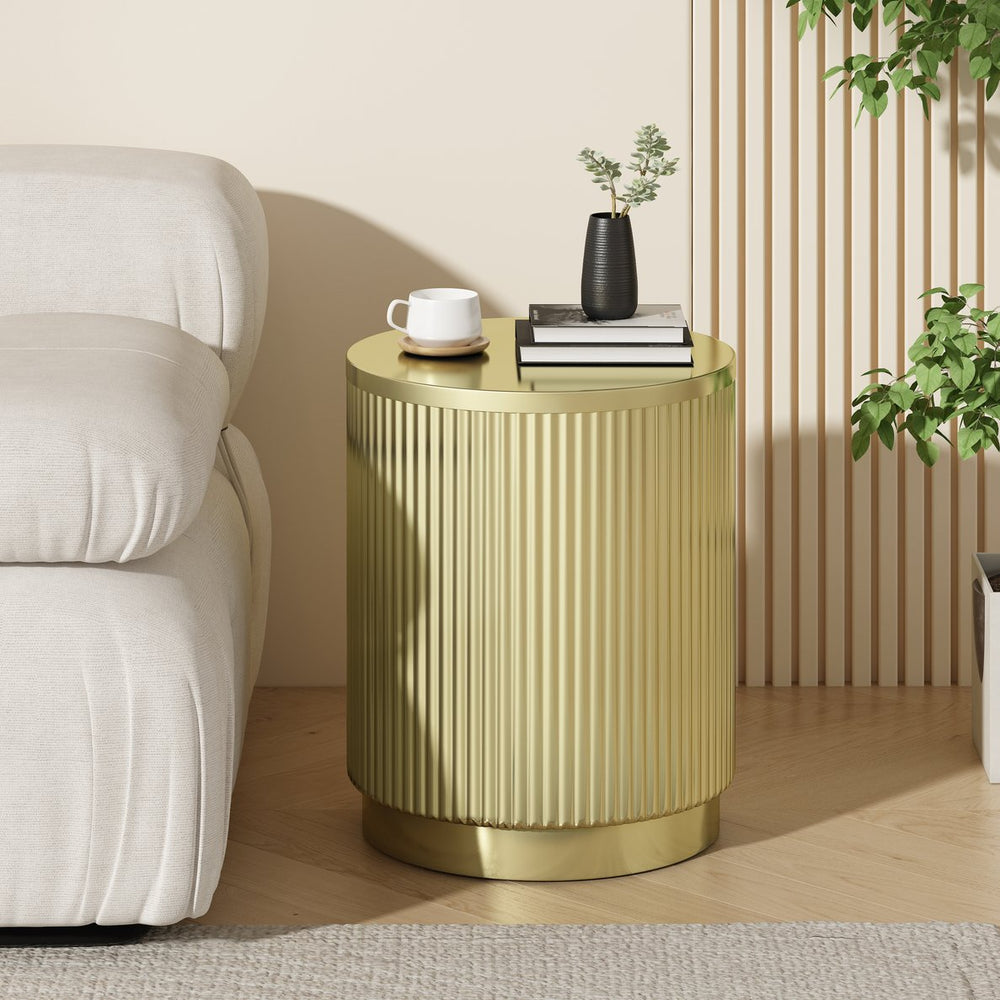 English Elm Christopher Knight Home® - Golden Round Side Table with Vertical Stripes — Modern Gold Iron Accent Table, Durable 80 lb Capacity, No Assembly, 15x15x18.25 inches N770P195633G