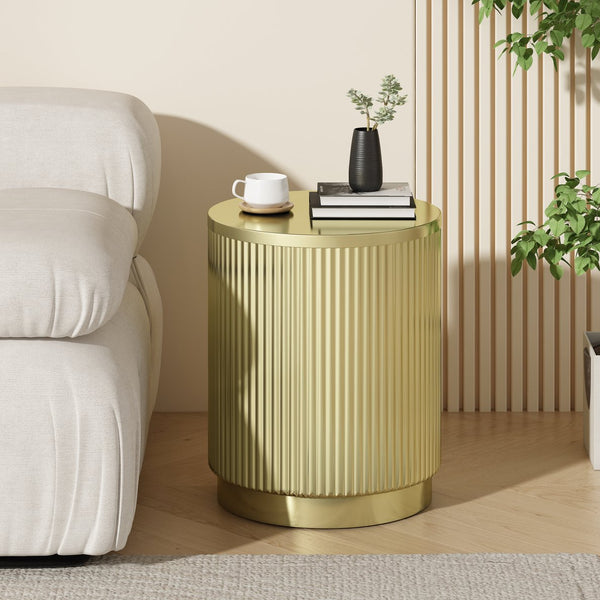 English Elm Christopher Knight Home® - Golden Round Side Table with Vertical Stripes — Modern Gold Iron Accent Table, Durable 80 lb Capacity, No Assembly, 15x15x18.25 inches N770P195633G