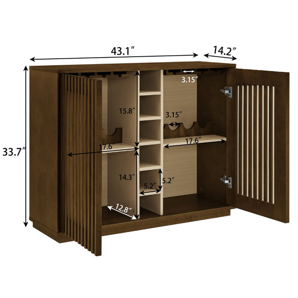 English Elm Mid Century Fluted Buffet Sideboard with Integrated Wine Rack and Glass Holder Storage Walnut W1801P454196