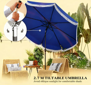 English Elm Vented Patio Umbrella 8.8 Ft Crank Tilt Upf 30 Tassel Resort Canopy Shade T3971P427332