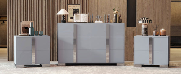 English Elm 3-Pieces Mirrored 6-Drawer Dresser and Two Nightstands with Sleek Metal Legs for Modern Living Gray 54.25 L x 20.75 W x 8.5 H N733S307938G