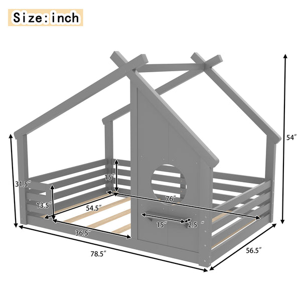English Elm Full House Floor Bed with Roof Window and Shelf – Solid Pine Kids Loft-Style Low Bed, Durable Design Grey W1580P362698