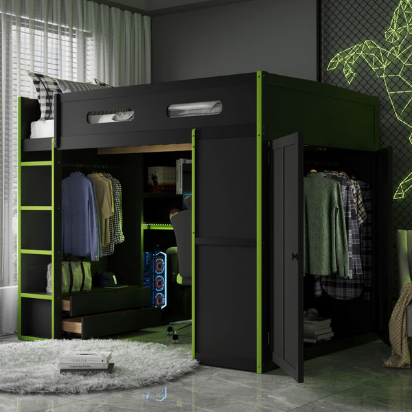 English Elm Full Size Gaming Loft Bed with Rgb Lighting Desk Wardrobe and Mdf Wood Frame LT000261AAG
