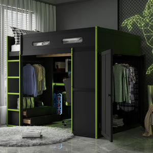 English Elm Full Size Gaming Loft Bed with Rgb Lighting Desk Wardrobe and Built-in Storage Green LT100261AAG