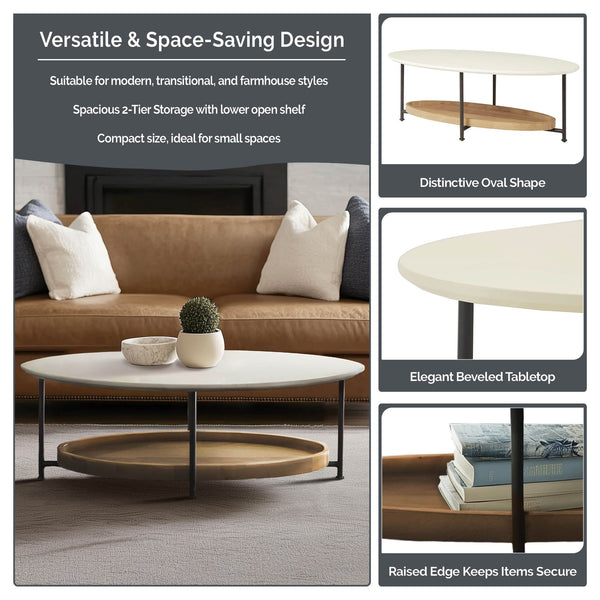 JLA Home Madison Park - 2-Tier Oval Coffee Table with White Top and Natural Wood Shelf, Metal Legs, 75 lb Capacity, Modern Storage Design MP120-1097