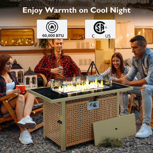 English Elm K&K 43" Propane Gas Fire Pit Table 60000 BTU Open Weave Wicker with Glass Wind Guard & Blue Stones orange-yellow N707P210158Z