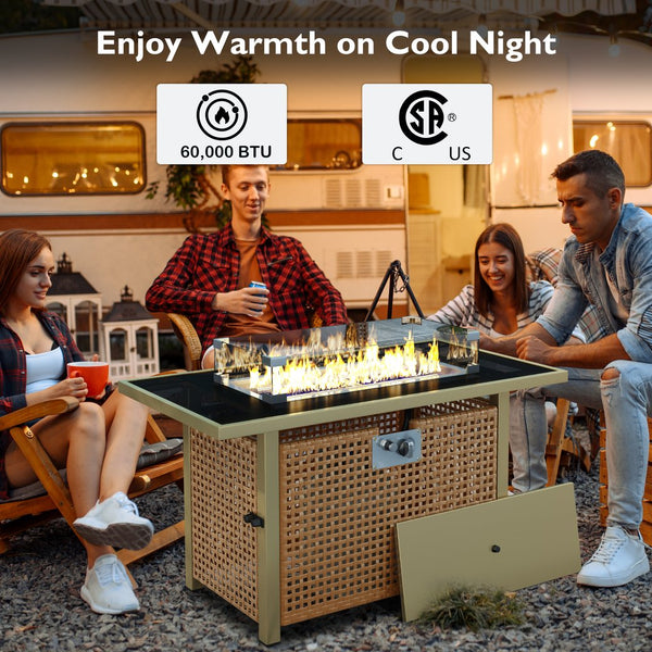 English Elm K&K 43" Propane Gas Fire Pit Table 60000 BTU Open Weave Wicker with Glass Wind Guard & Blue Stones orange-yellow N707P210158Z