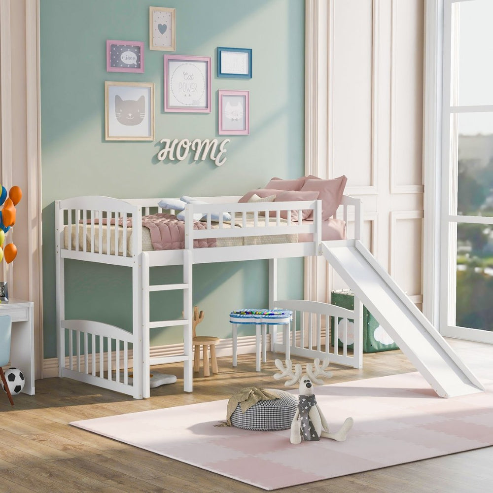 English Elm Twin Loft Bed with Built in Slide Ladder Pine Wood Frame Kids Bedroom White N708P242135K