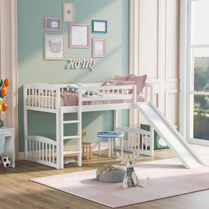 English Elm Twin Loft Bed with Built in Slide Ladder Pine Wood Frame Kids Bedroom White N708P242135K