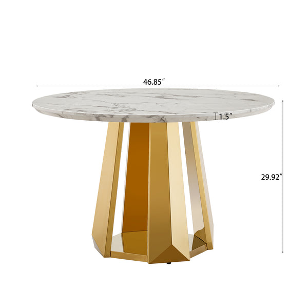 English Elm 47" Round Marble Dining Table - Modern High Gloss Faux Marble Top & Stainless Steel Base For Stylish Spaces W3456S00010