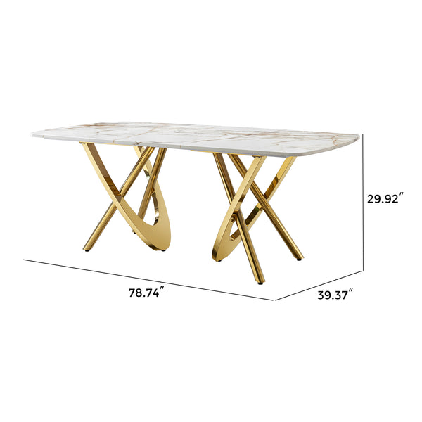 English Elm Set of 6 Black+Gold Marble MDF Dining Table with Mirror Top, Gold Stainless Steel Base & 6 Chairs W2723S00014