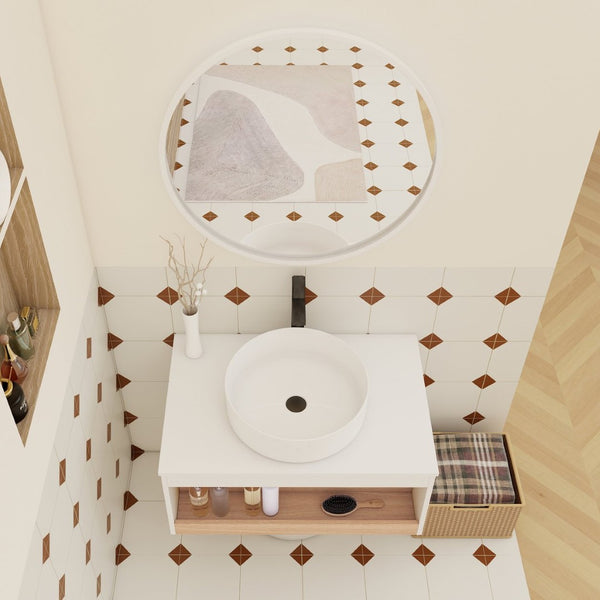 English Elm 30" Floating Wall Mount Bathroom Vanity Open Shelf Ceramic Vessel Sink Modern White W3450S00056