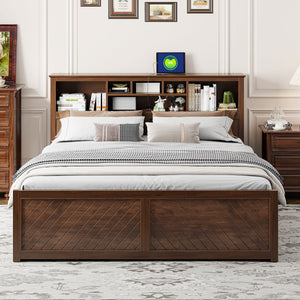 English Elm King Platform Bed with Multi-Storage Headboard, Built-In USB & Outlets, Side Drawers, Modern Design Wood GX000400AAD