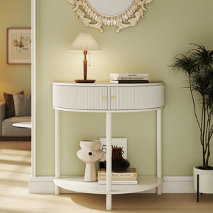 English Elm Artisan-crafted Demi-lune Console Sculptural Wave Drawers Vanilla Lacquer Hallway Accent Cream White W2557P329370