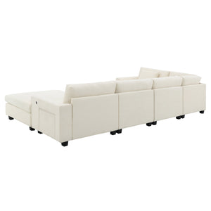 English Elm 128*67" U Shaped Sectional Sofa with Movable Ottoman, Hidden Armrest Storage, Cup Holders & USB Ports Off White N723S0192A