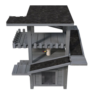 English Elm 4 Tier Outdoor Pine Cat Tower with Waterproof Roof Enclosed Den and Balcony Perch Grey N704P436318E