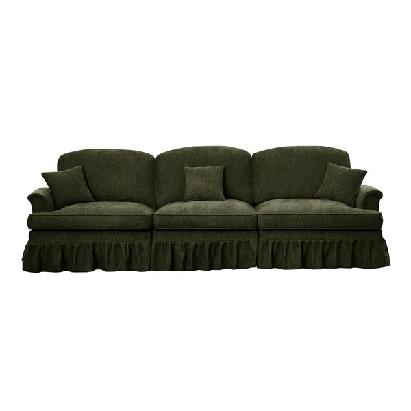 English Elm Elegant Mid Century 3-Seater Sofa With Flared Arms & Removable Skirts – Versatile Green Chenille Comfort W3041S00266