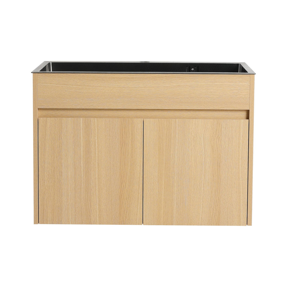 English Elm 28" Wall Mounted Bathroom Vanity with Gun-Gray Stainless Sink, Soft-Close Doors, Plywood, Oak Finish, KD W999P376889