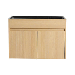 English Elm 28" Wall Mounted Bathroom Vanity with Gun-Gray Stainless Sink, Soft-Close Doors, Plywood, Oak Finish, KD W999P376889