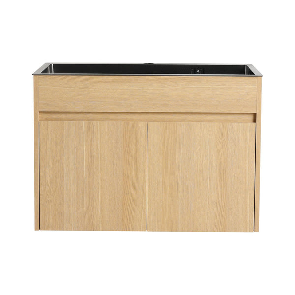 English Elm 28" Wall Mounted Bathroom Vanity with Gun-Gray Stainless Sink, Soft-Close Doors, Plywood, Oak Finish, KD W999P376889