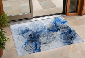 Homeroots 3' X 5' Ivory Blue And Gray Abstract Washable Non Skid Indoor Outdoor Area Rug Navy Polyester 560004