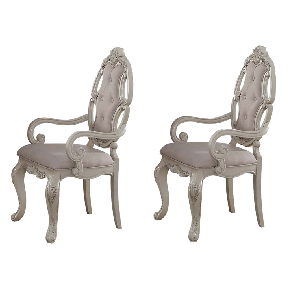 English Elm Beige Antique White Button-Tufted Arm Chairs Set of 2 with Cabriole Wood Legs, Classic Dining Elegance B062P185674