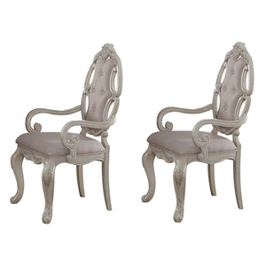 English Elm Beige Antique White Button-Tufted Arm Chairs Set of 2 with Cabriole Wood Legs, Classic Dining Elegance B062P185674