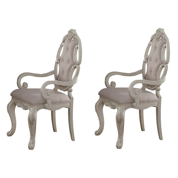 English Elm Beige Antique White Button-Tufted Arm Chairs Set of 2 with Cabriole Wood Legs, Classic Dining Elegance B062P185674