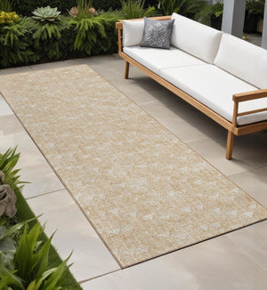 Homeroots 8' Runner Moss Green Geometric Washable Non-skid Rug For Indoor And Outdoor Elegance And Style Beige Polyester 560038