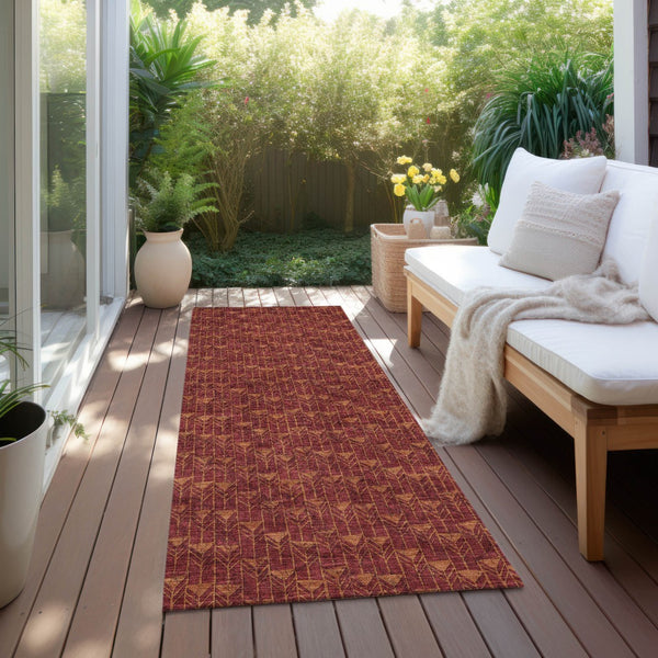 Homeroots 8' Runner Moss Green Geometric Washable Non-skid Rug For Indoor And Outdoor Elegance And Style Burgundy Polyester 560065