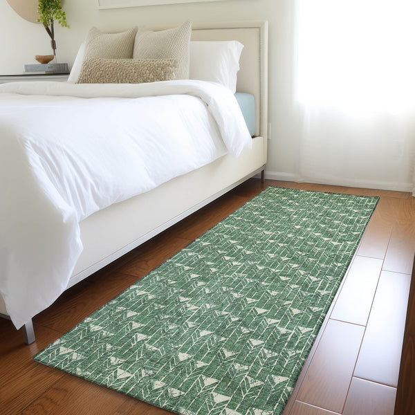 Homeroots 8' Sage Geometric Washable Non Skid Indoor Outdoor Runner Rug Green Polyester 560092