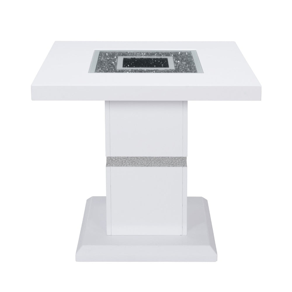 HomeRoots 24" Glam White and Silver Glass Pedestal End Table with Faux Crystal Bling - Modern Accent Piece 560100