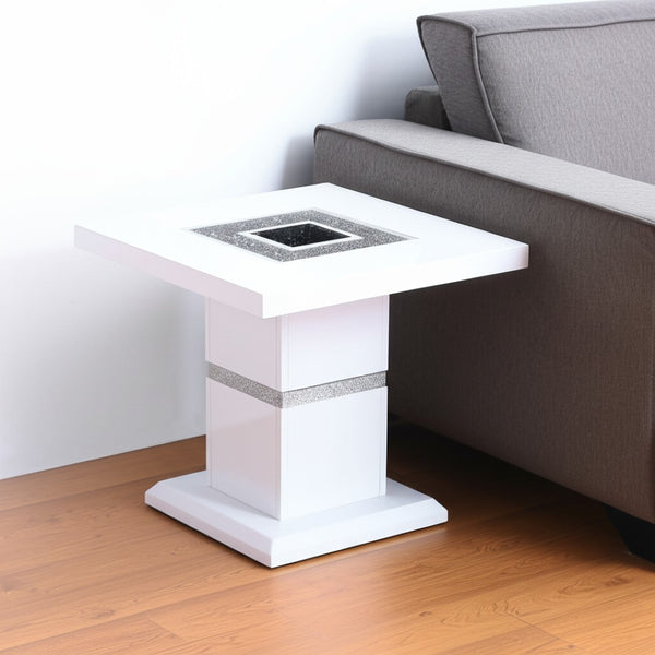 HomeRoots 24" Glam White and Silver Glass Pedestal End Table with Faux Crystal Bling - Modern Accent Piece 560100