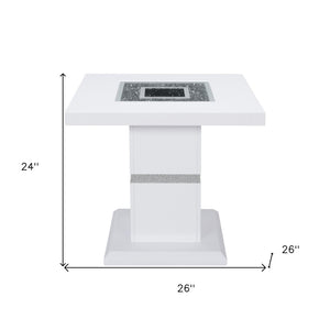 HomeRoots 24" Glam White and Silver Glass Pedestal End Table with Faux Crystal Bling - Modern Accent Piece 560100