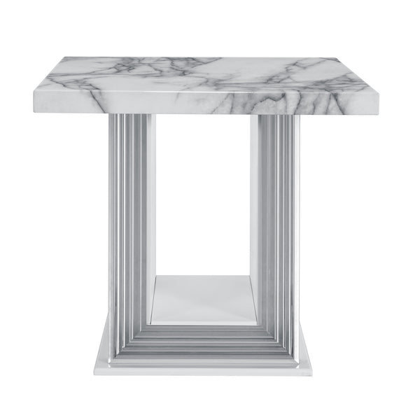 Homeroots 24" White And Silver Faux Marble Pedestal End Table - Chic Accent For Living Room Or Bedroom Decor   560102