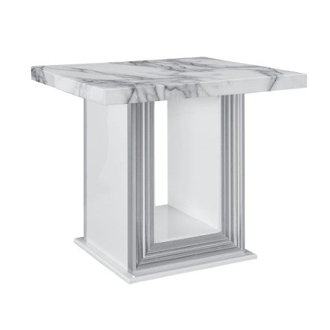 Homeroots 24" White And Silver Faux Marble Pedestal End Table - Chic Accent For Living Room Or Bedroom Decor   560102