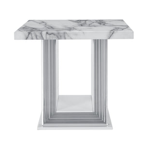Homeroots 24" White And Silver Faux Marble Pedestal End Table - Chic Accent For Living Room Or Bedroom Decor   560102
