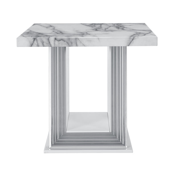 Homeroots 24" White And Silver Faux Marble Pedestal End Table - Chic Accent For Living Room Or Bedroom Decor   560102