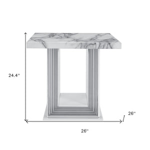Homeroots 24" White And Silver Faux Marble Pedestal End Table - Chic Accent For Living Room Or Bedroom Decor   560102