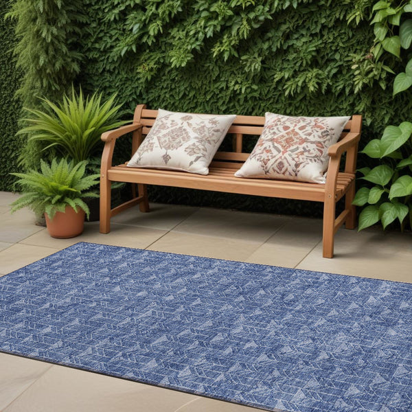Homeroots 8' Runner Moss Green Geometric Washable Non-skid Rug For Indoor And Outdoor Elegance And Style Navy Polyester 560104