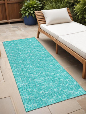 Homeroots 8' Runner Turquoise Geometric Washable Non Skid Indoor Outdoor Runner Rug Teal Polyester 560131