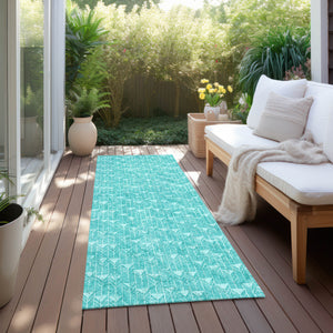 Homeroots 8' Runner Turquoise Geometric Washable Non Skid Indoor Outdoor Runner Rug Teal Polyester 560131