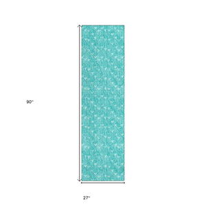 Homeroots 8' Runner Turquoise Geometric Washable Non Skid Indoor Outdoor Runner Rug Teal Polyester 560131