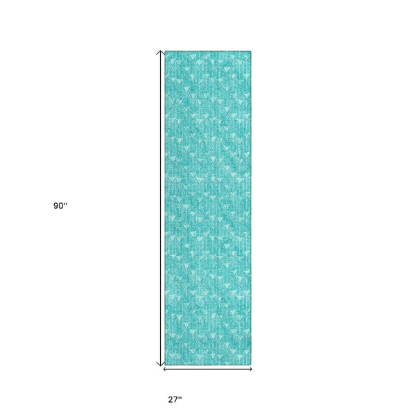 Homeroots 8' Runner Turquoise Geometric Washable Non Skid Indoor Outdoor Runner Rug Teal Polyester 560131