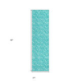 Homeroots 8' Runner Turquoise Geometric Washable Non Skid Indoor Outdoor Runner Rug Teal Polyester 560131