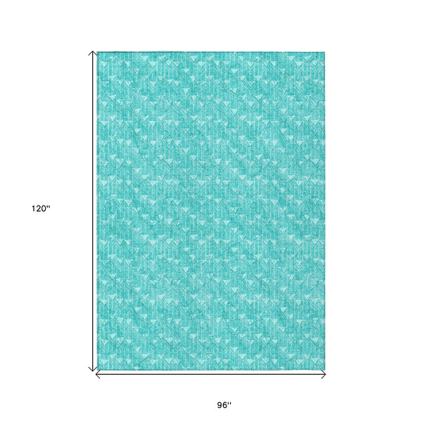 Homeroots 8' X 10' Turquoise Geometric Washable Non Skid Indoor Outdoor Area Rug Teal Polyester 560136