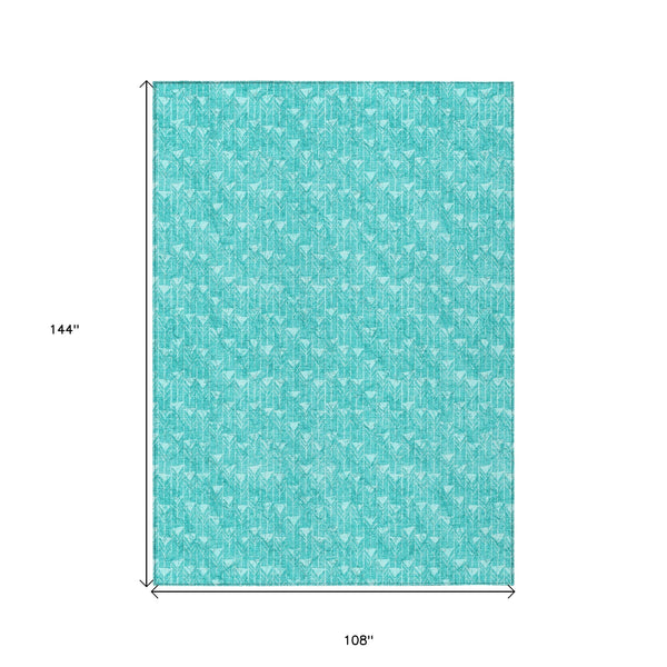 Homeroots 9' X 12' Turquoise Geometric Washable Non Skid Indoor Outdoor Area Rug Teal Polyester 560137